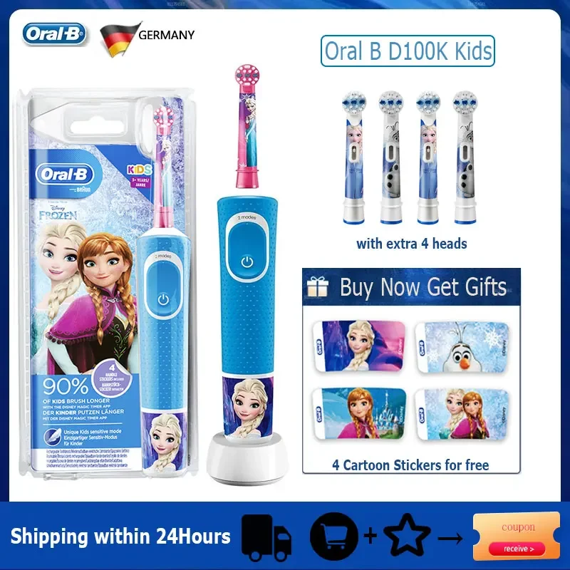 Oral-B D100K sikat gigi elektrik anak, sikat gigi elektrik tahan air 2 mode pengatur waktu, sikat gigi bersih lembut dengan putri Frozen untuk anak-anak 3 +