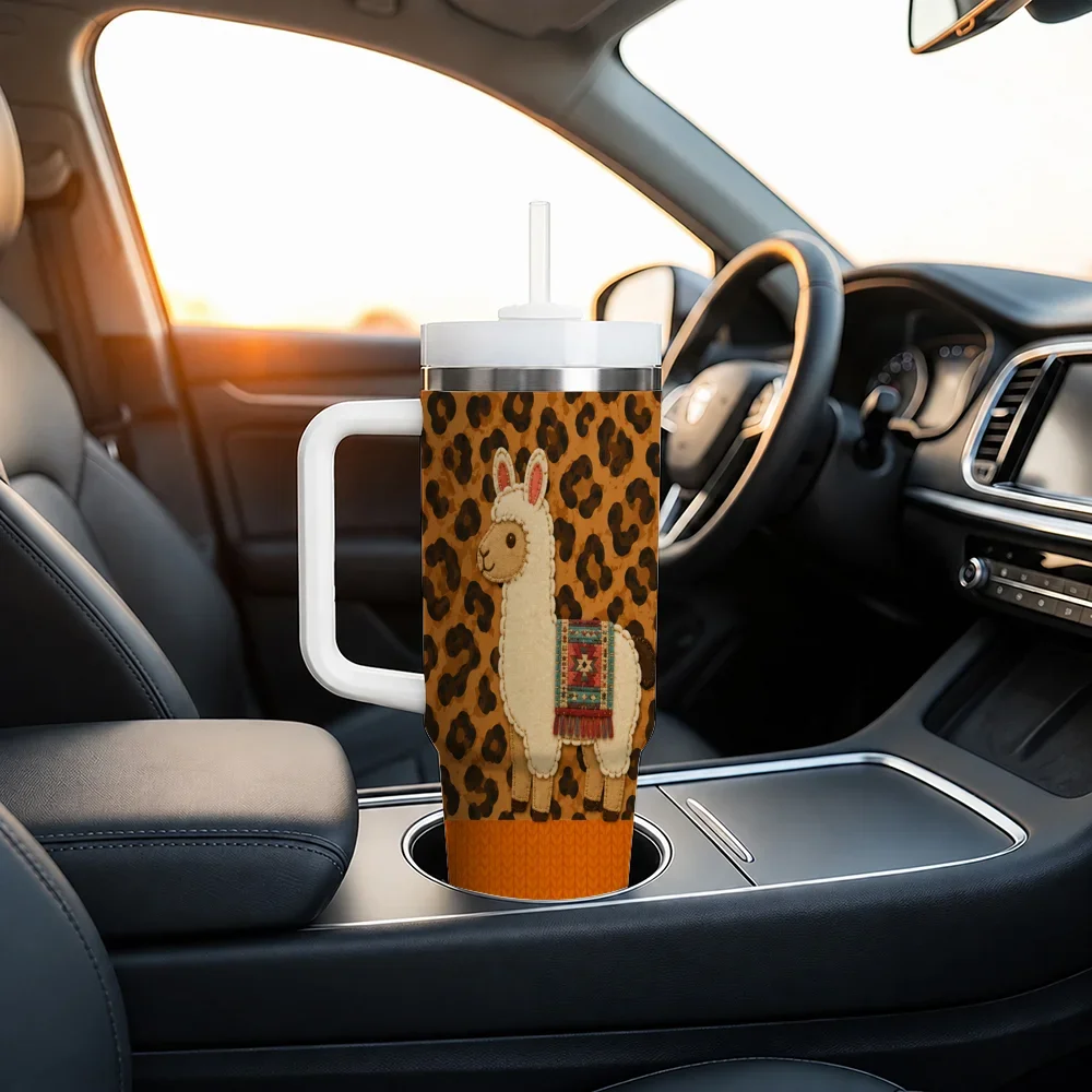 40oz Cute Elephant Tumbler with Handle Straw Stainless Steel Insulated Travel Mug Leopard Print Gift for Women Girls
