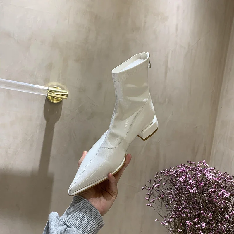 2023 New Spring Women Boots Pointed Toe Ankle Boots Ladies Fashion Zip Shoes Female Low Heel Pumps Patent Leather Short Boots