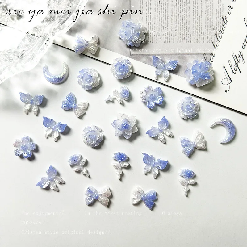 50 pz nuova serie blu accessori per unghie elegante notte bagliore fiore luna farfalla ciondoli per unghie gioielli misti fai da te carino Nail Art Deco