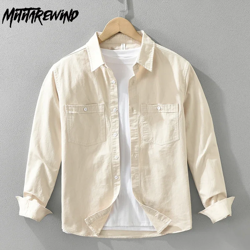 

Мужская рубашка с длинным рукавом в японском стиле, весна-осень, новые мужские рубашки, повседневная рубашка на пуговицах из 100% хлопка, рубашка абрикосового цвета с двойным карманом