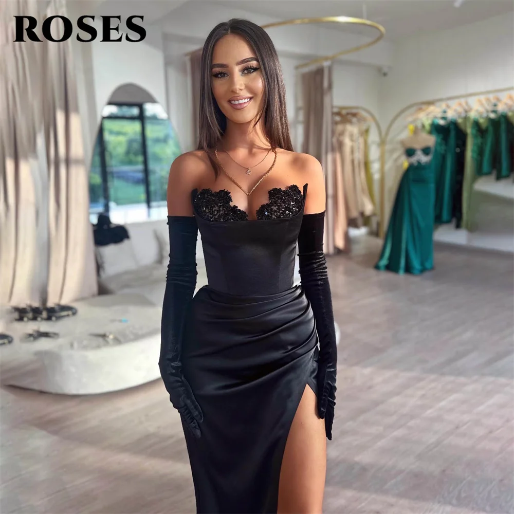 ROSES Off Shoulder Evening Gown Black Elegant Prom Dress Mermaid Sexy Beading Wedding Evening Dress with Slit robes de soirée