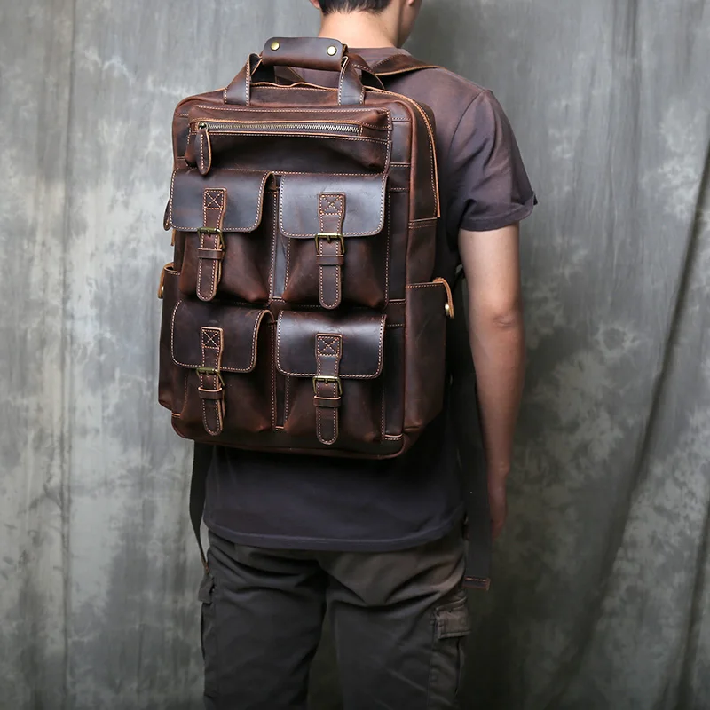 Vintage Genuine Leather Men's Backpack Top Layer Cowhide Large Capacity Outdoor Travel Bag Tide