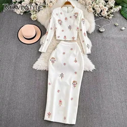 TWOTWINSTYLE Luxury Style Two Piece Set For Women O Neck Long Sleeve Topa High Waist Skinny A Line Skirt Set Female KSE524945