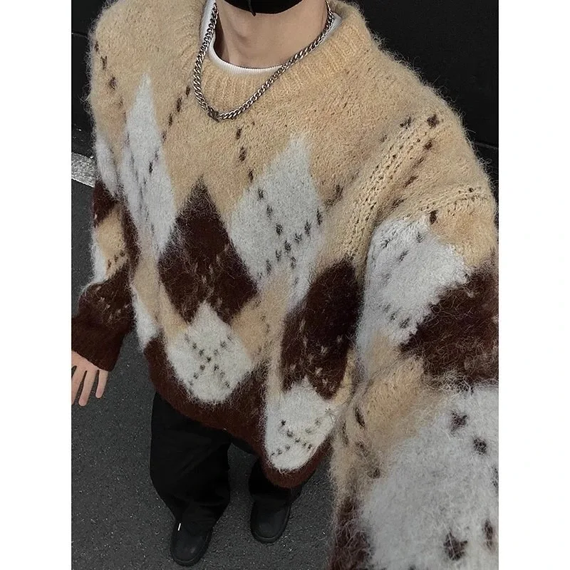 คริสต์มาสอาร์ไกล์ถักเสื้อสวมหัวผู้หญิงฤดูหนาวขนเฟอร์นุ่มสบายเสื้อถักสาวโชโจความงามคาวาอิน่ารักเสื้อสเวตเตอร์ขนาดใหญ่ Y2K