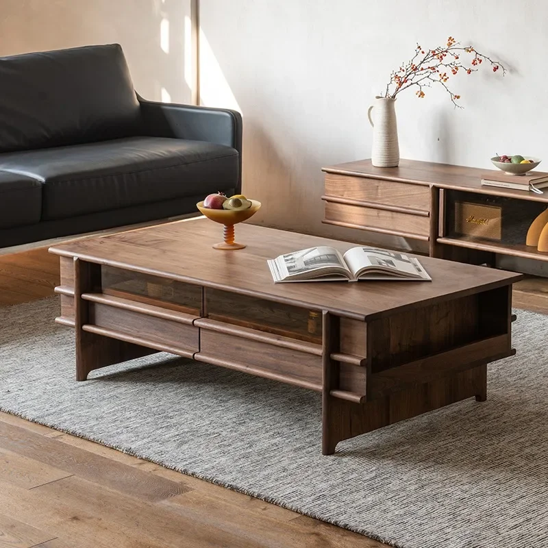 Black walnut medium and ancient style small apartment living room coffee table household all solid wood bone line sofa locker