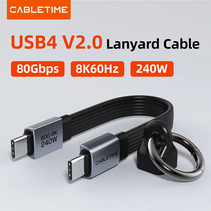 

CABLETIME USB4 Кабель Портативный брелок Короткий 240 Вт 80 Гбит/с 8K60 Гц Кабель Type-C Мини-размер Кабель для iPhone 17 Pro SSD HUAWEI iPad