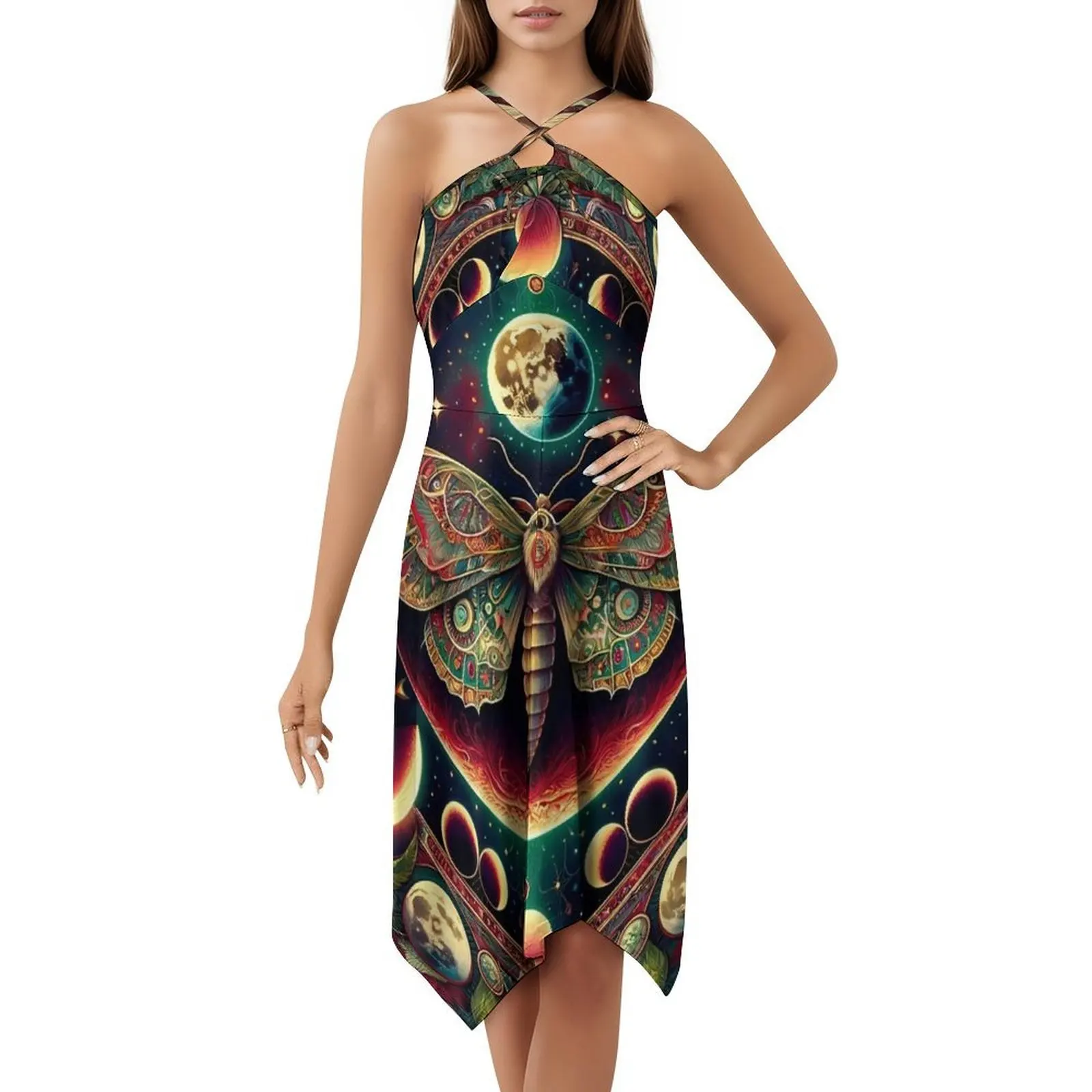 فستان قصير من Ethereal Moth Mandala Preppy للنساء على شكل حرف a فضفاض مناسب فستان يوم غير رسمي عثة سماوية ماندالا كونية قمية