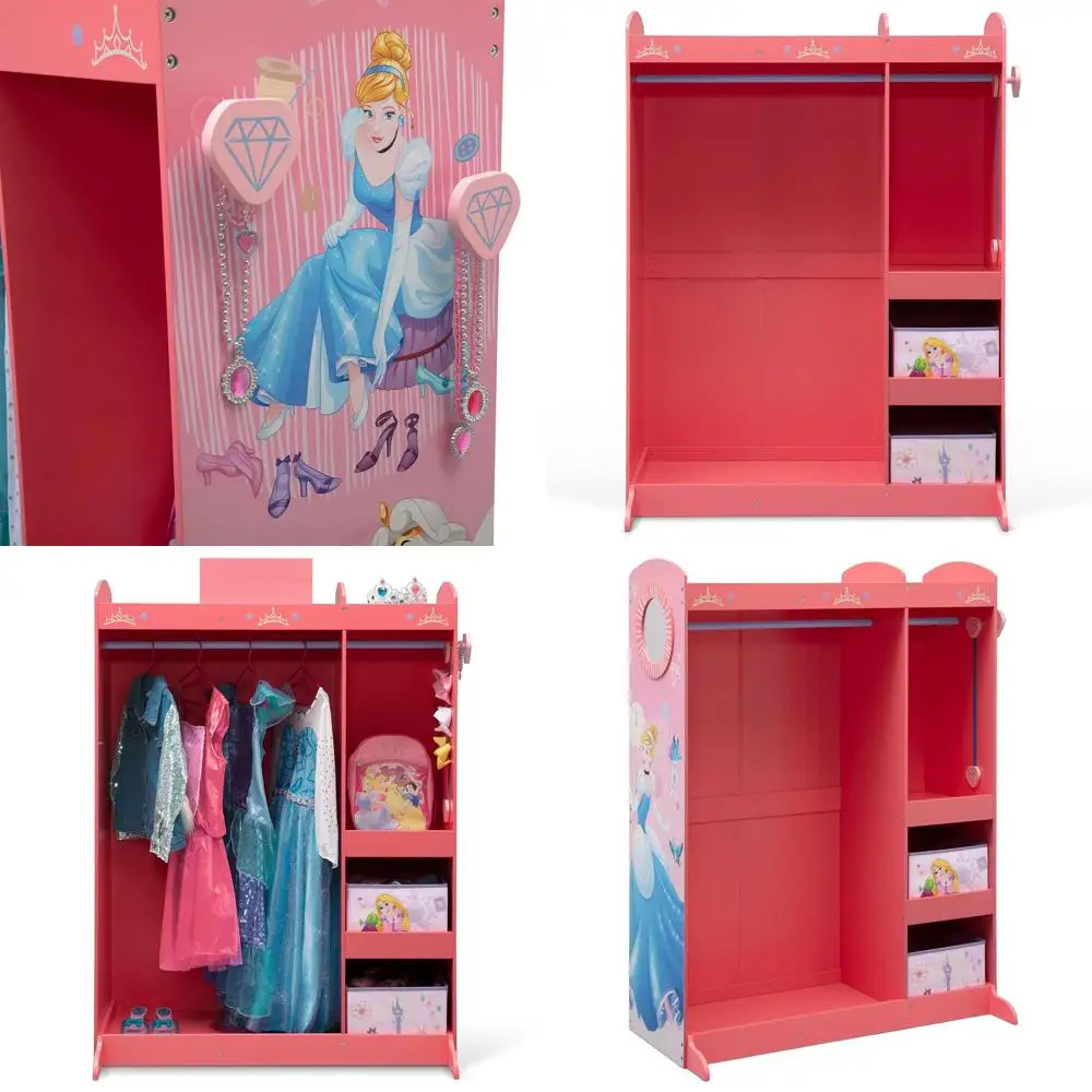 

Детский шкаф для хранения игрушек с зеркалом и полками, розовый