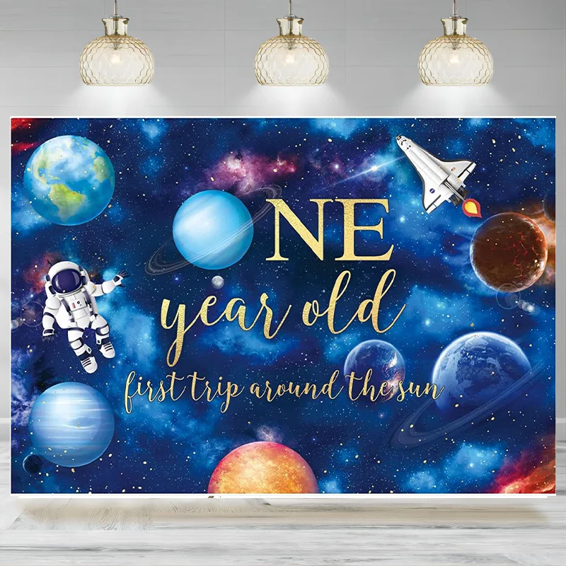 

Blue Outer Space 1st Birthday Backdrop Galaxy Starry Sky Rocket Ship Astronaut Party Photographic Background Decoration Banner