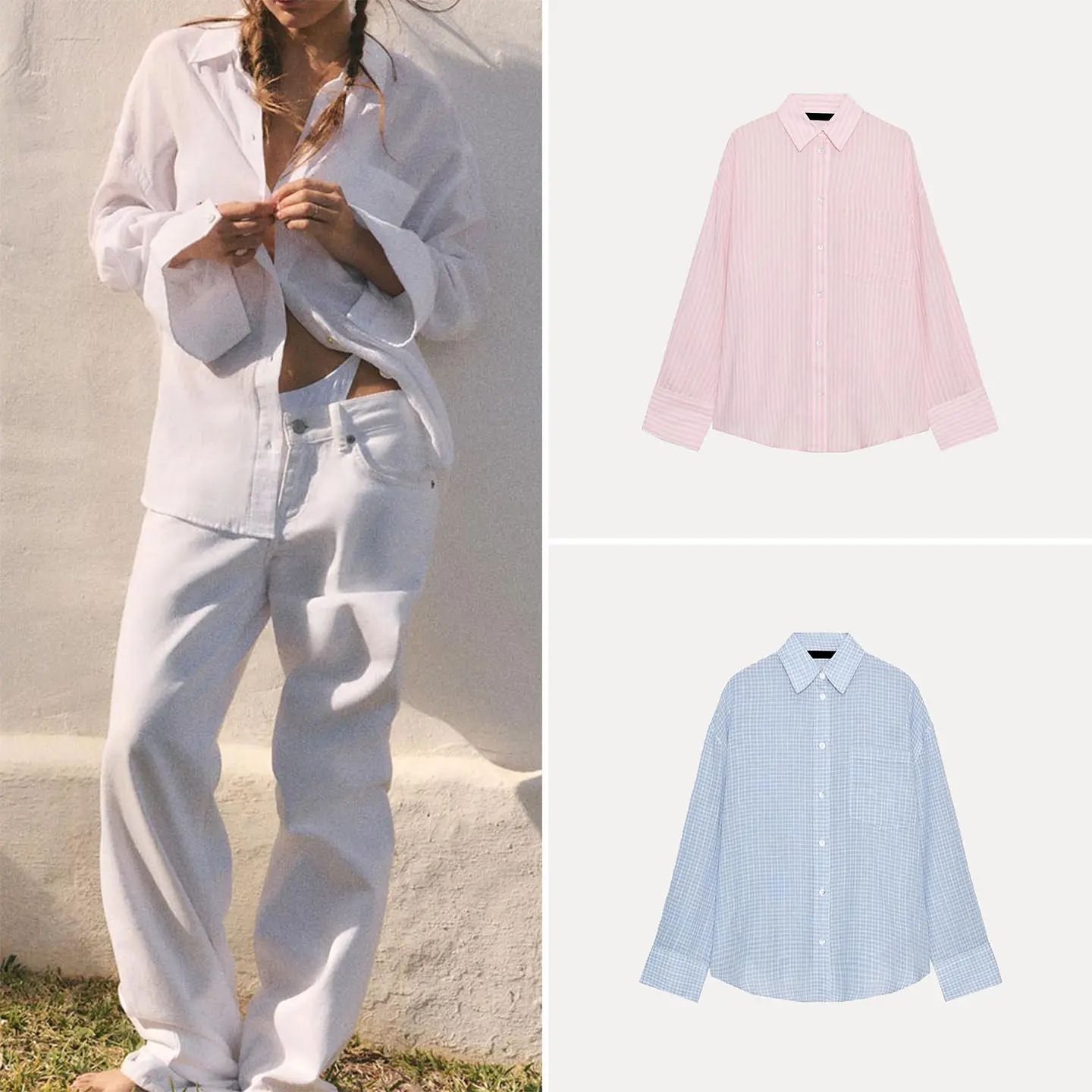 

Women's Casual Summer Shirt Loose Long Sleeve Plaid Stand Collar Thin Mesh Pocket Transparent Design Fashionable Loose Fit