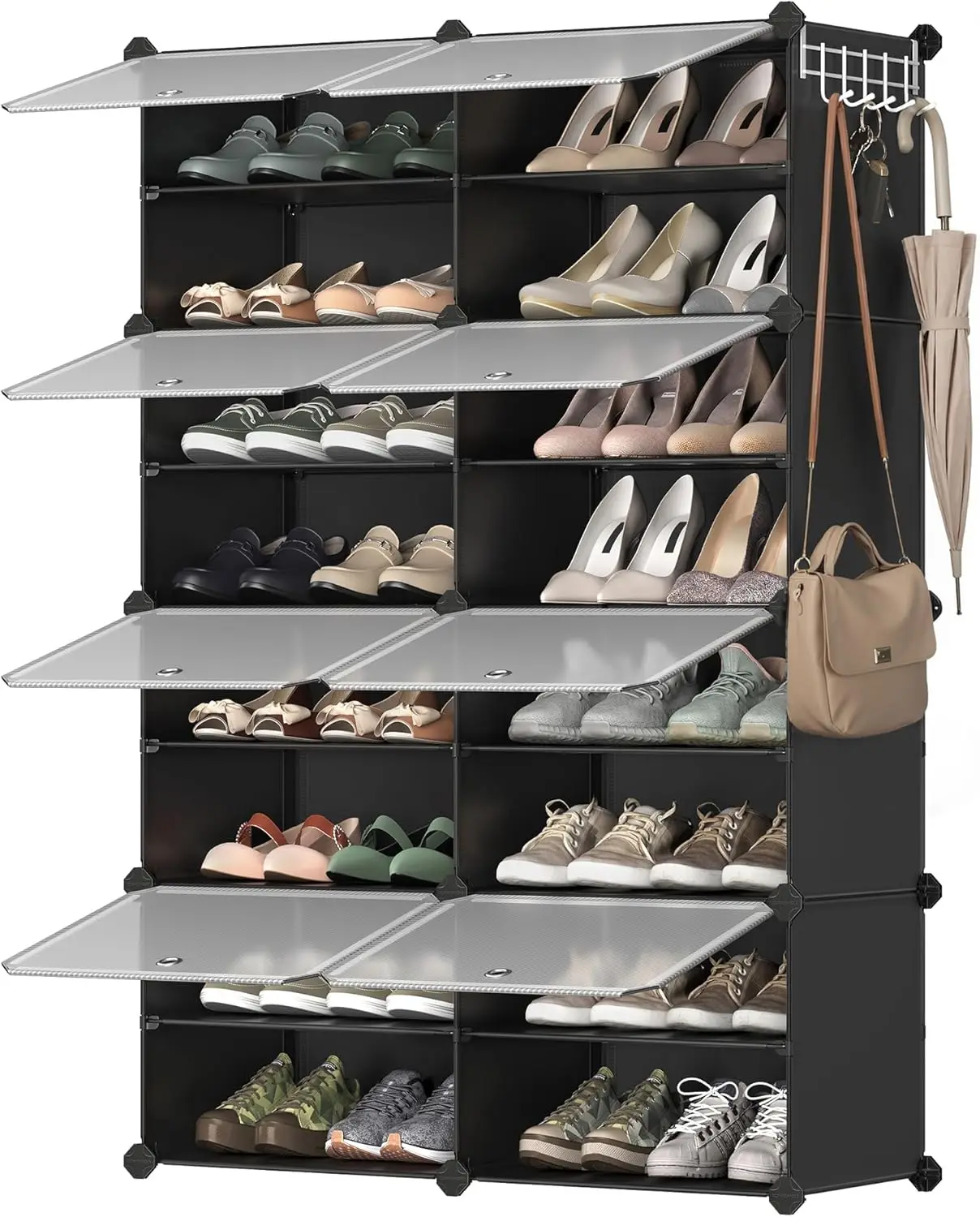 

8-ярусная регулируемая подставка-органайзер для обуви для шкафа и прихожей, вмещает 32 пары обуви, черная и прозрачная.
