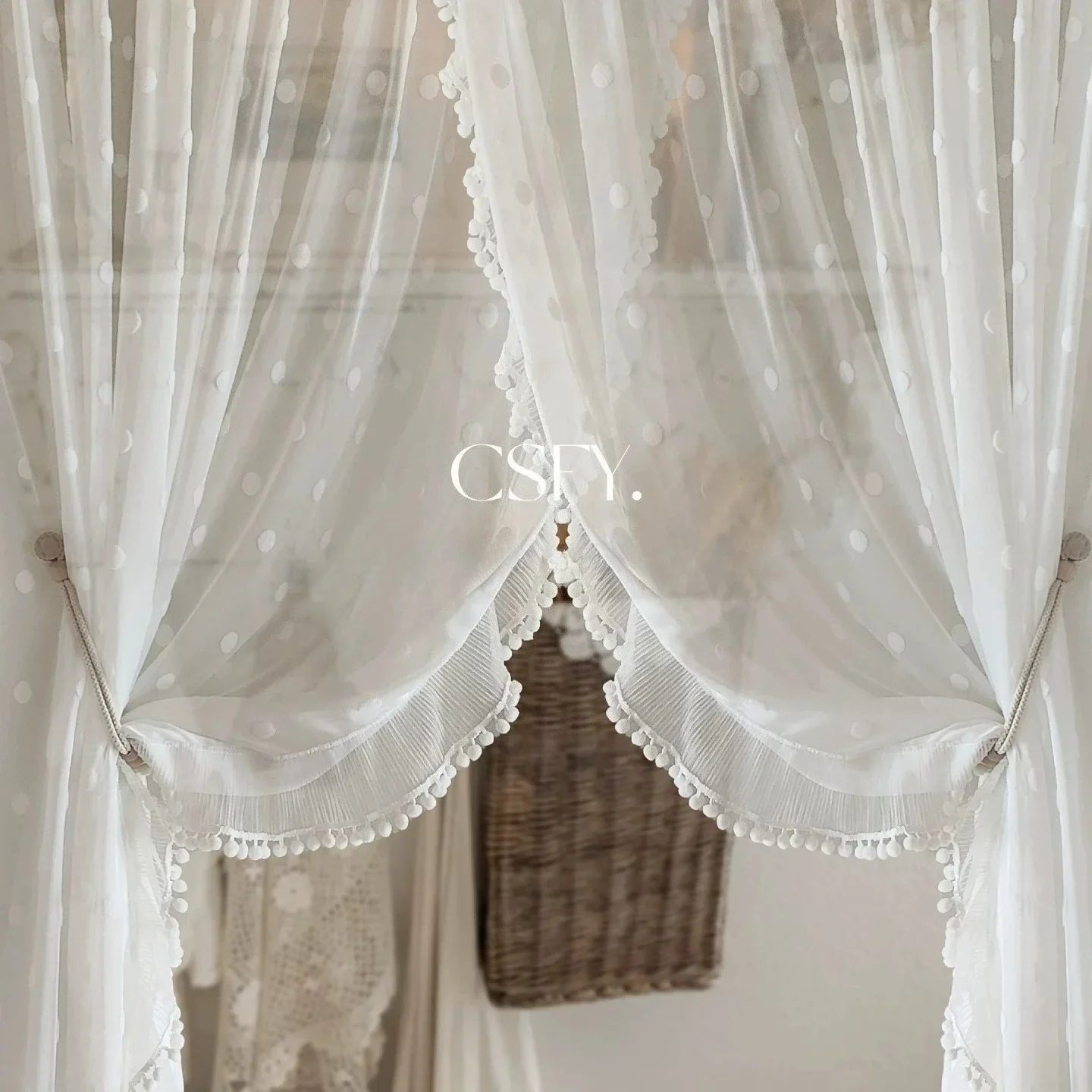 White Flocking Polka Dot Gauze Wood Ear Edge Splicing Window Screens for Living Room Bedroom Balcony Bay Window Customization