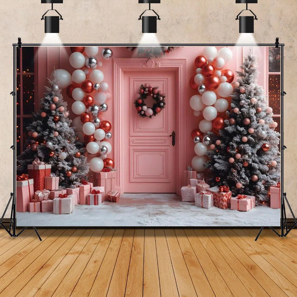 الوردي عيد الميلاد متجر خلفية الشتاء الوردي شجرة عيد الميلاد كرات هدية مربع ندفة الثلج الأسرة عطلة حزب ديكور التصوير الخلفية