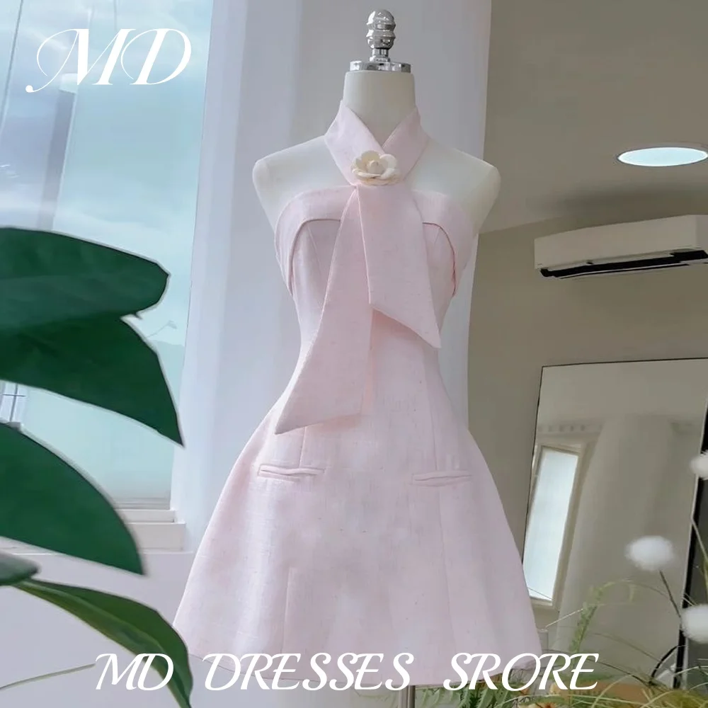 

MD Sweet Pink Flax Short A-line Evening Gown Strapless Scarf Sleeveless Cocktail Prom Gown vestidos Prom Gown Customized 2025