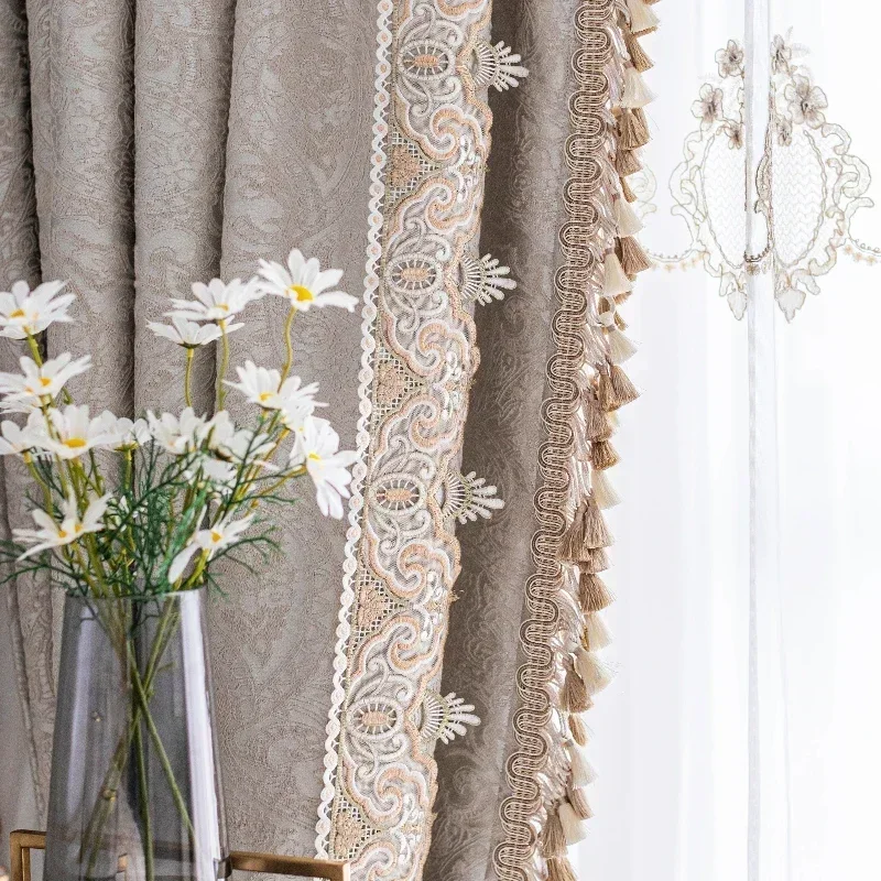 High-end Embossed Cotton Linen Paisley Jacquard Lace Stitching Blackout Curtains for Living Room and Bedroom Customized Products