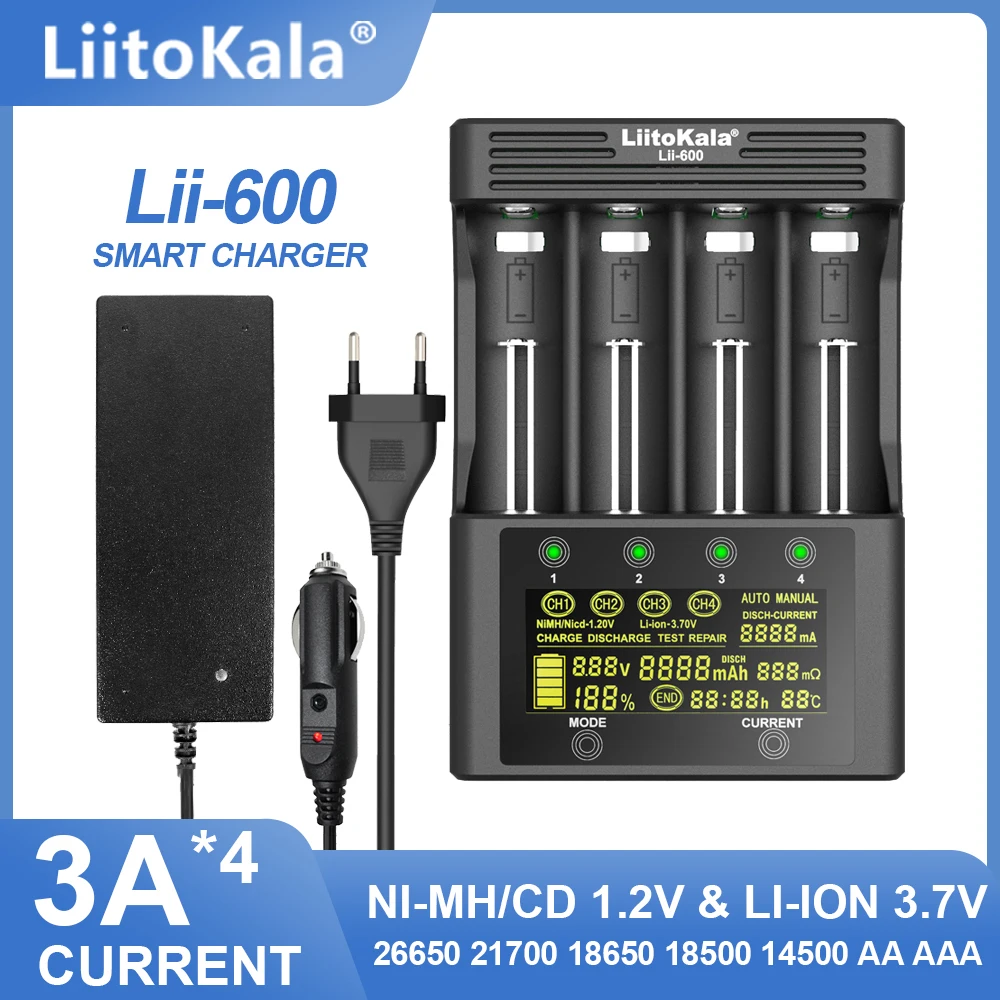 Imagem -02 - Carregador de Bateria do Liitokala-lii600 Apropriado para o Li-íon 3.7v e Nimh 1.2v 18650 26650 21700 26700 18500 aa Aaa 12v 5a