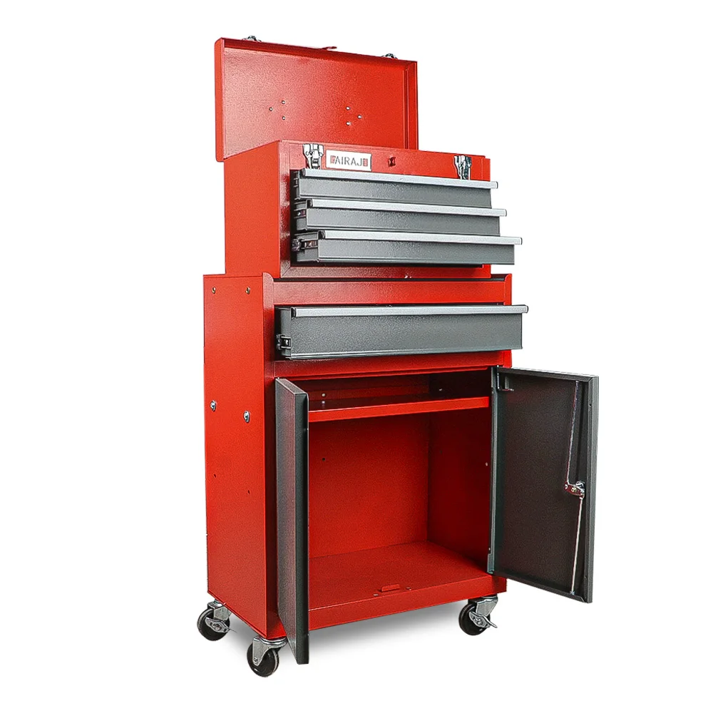 Boîte à outils roulante 2 en 1 avec roulettes, boîte à outils métallique à deux portes et quatre tiroirs, boîte à outils amovible avec système de verrouillage, adaptée aux lar