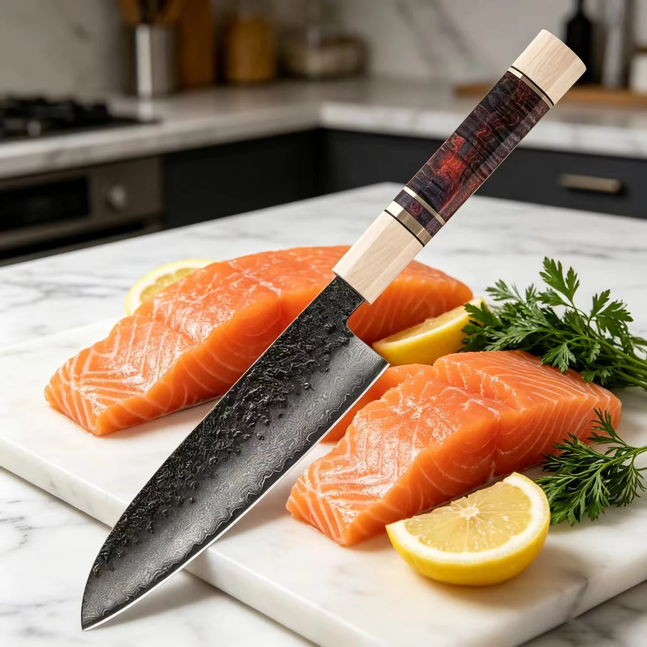 6.8 Inch Santoku Knife Handmade Forged Damascus Steel VG-10 Blade Random Wood & Resin Handle Chef Slicing Cleaver Kitchen Knives
