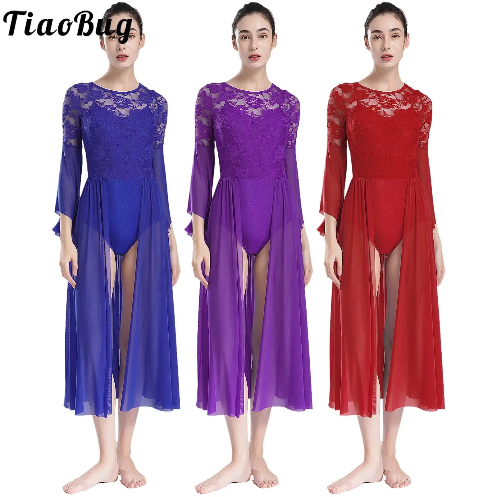 

Womens Lyrical Gymnastic Ballet Dance Dress Performance Costume Flared Sleeve Floral Lace Patchwork Flowy Skirted Leotard Dress