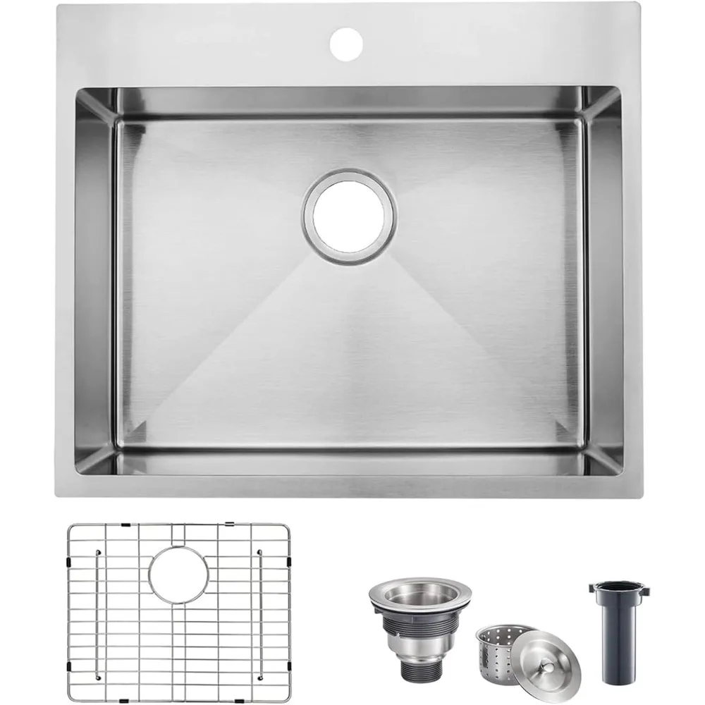 

25 Inch x 22 Inch Drop-In Kitchen Sink, 25 Inch Top Mount Brushed Nickel RV Laundry Utility, 16 Gauge Stainless Steel Deep Singl