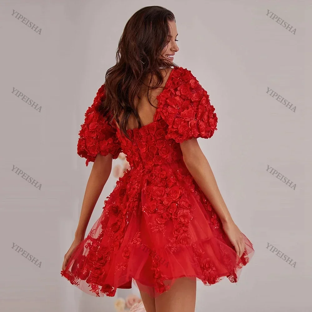 Vestidos de Cóctel de tul rojo personalizados, minivestido Sexy de corte en A con flores en 3D y cremallera en la espalda, mangas cortas y cuello cuadrado, vestidos de fiesta para mujer