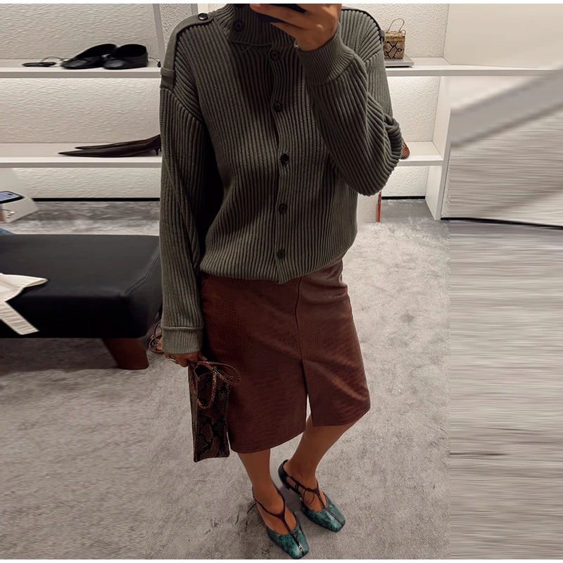 Crocodile Embossed Faux Leather Midi Skirt Front Slit High Waist Bodycon Pencil Skirt Women 2026 Autumn Vintage Fashion Outfit