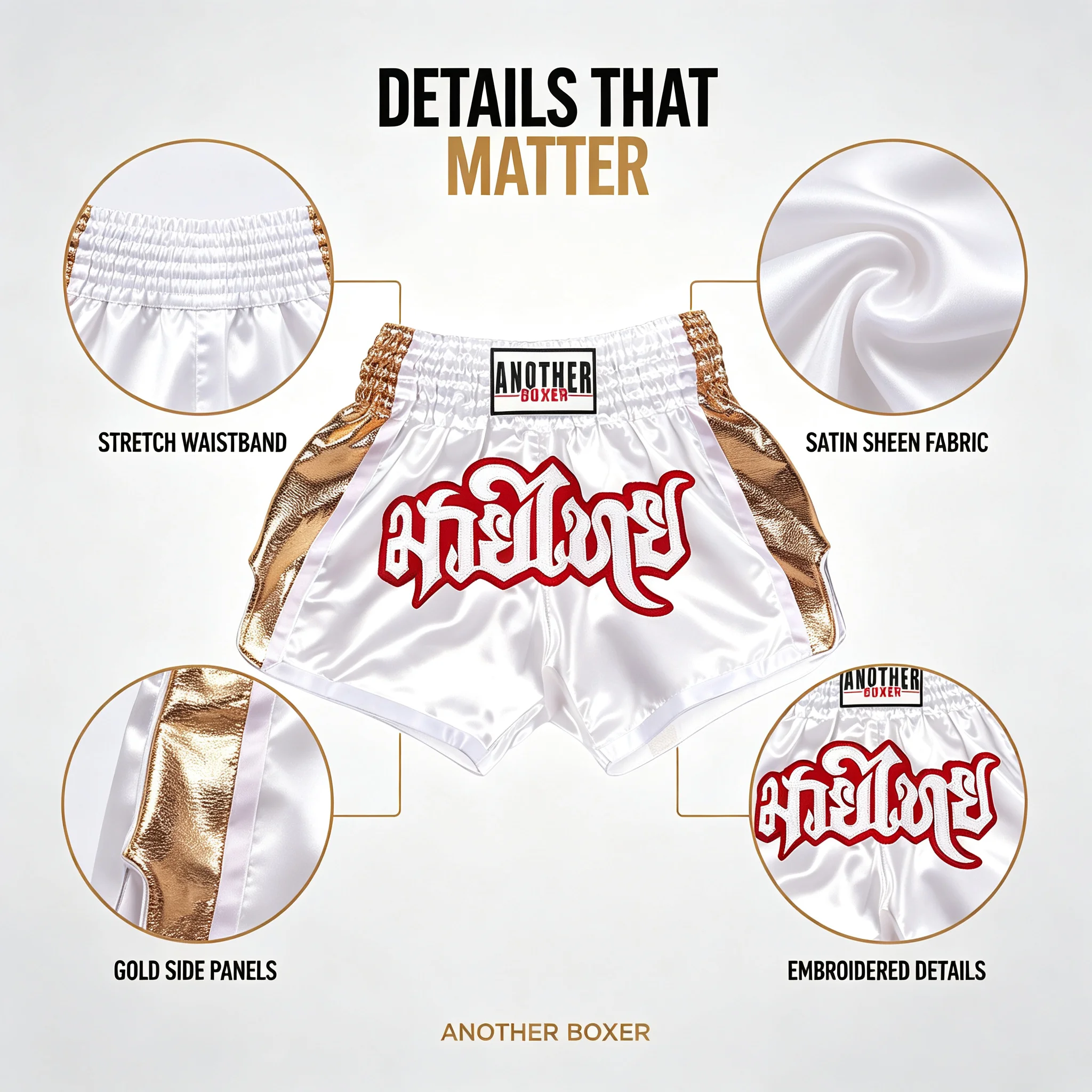 Embroidered Muay Thai Boxing Shorts Satin Shiny Gold Side Panels Thai Letter Shorts for Kickboxing Sparring Training & Events