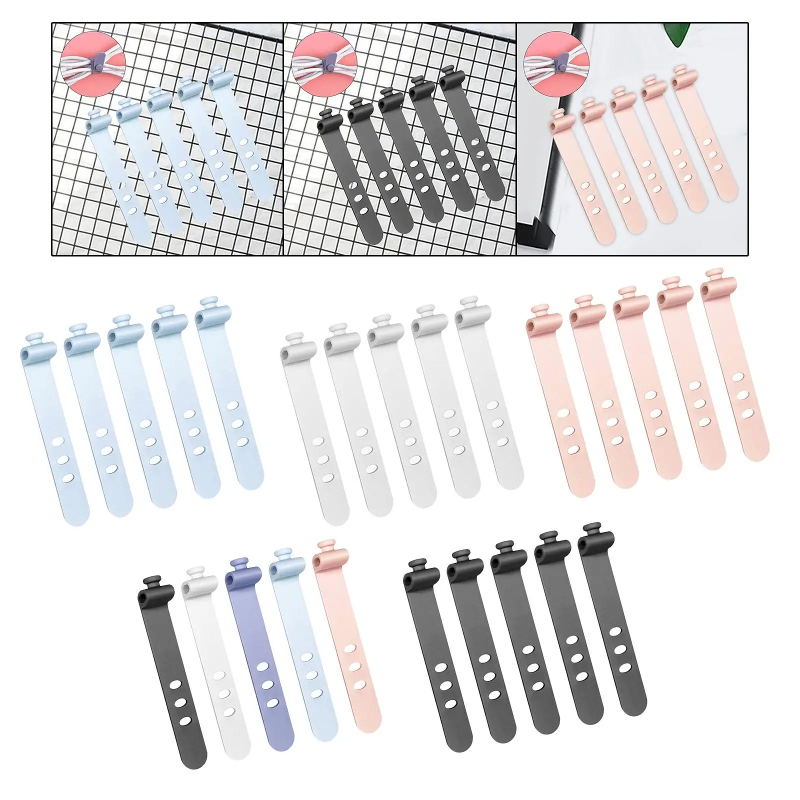 5Pcs Cord Management Straps Reusable Cable Organizer Silicone Cable Ties for Computer Cords School Office Desk Electrical Cords