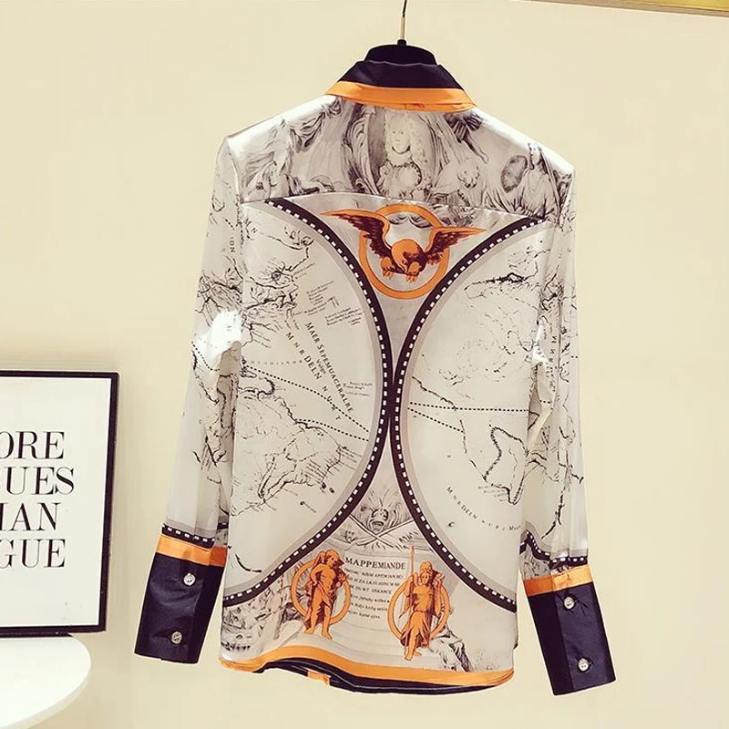 Spring Autumn New Scarf Collar Fashion Long Sleeve Shirt Women High Street Casual Button Patchwork Cardigan Printing Bow Tops