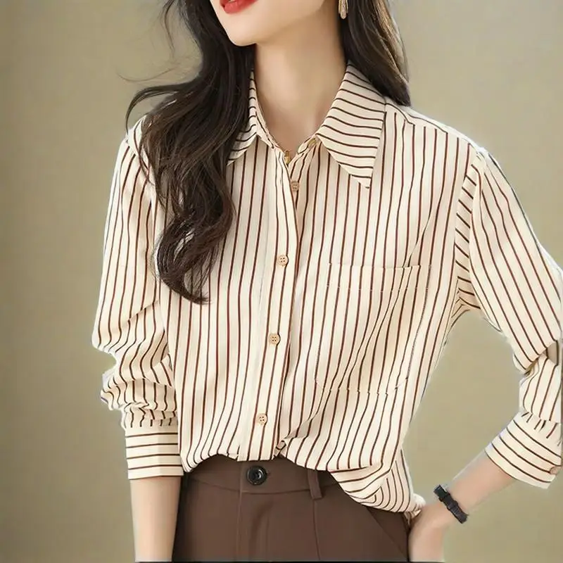 

Полосатая рубашка женская весна осень винтажная шикарная свободная рубашка с длинным рукавом офисная женская модная повседневная универсальная блузка