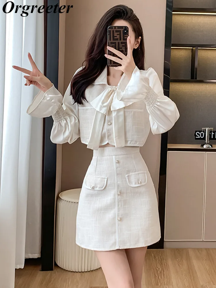 Fall New Two Piece Set Women Outfits Tweed Patchwork Flare sleeve Satin Shirt and Woolen A-line Skirt Suits ensembles de jupes