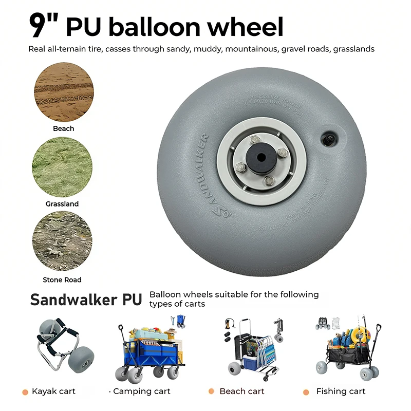 9 Inch Gray Balloon Wheels for Beach Kayak Cart- Replacement PU Material Sturdy Roll Wheels Part for Outdoor Adventure High Load