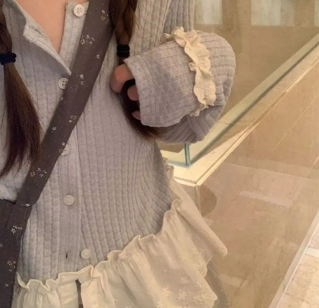 

Korejpaa Early Autumn Cardigans Women Korean Fashion Clothing Round Neck Long Sleeve Top Lace Patchwork Slimming Clothes
