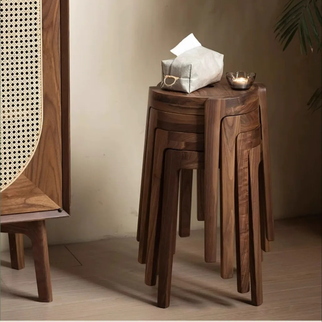 Solid wood windmill stool walnut round stool dressing stool flower stand retro creative stackable dining chair