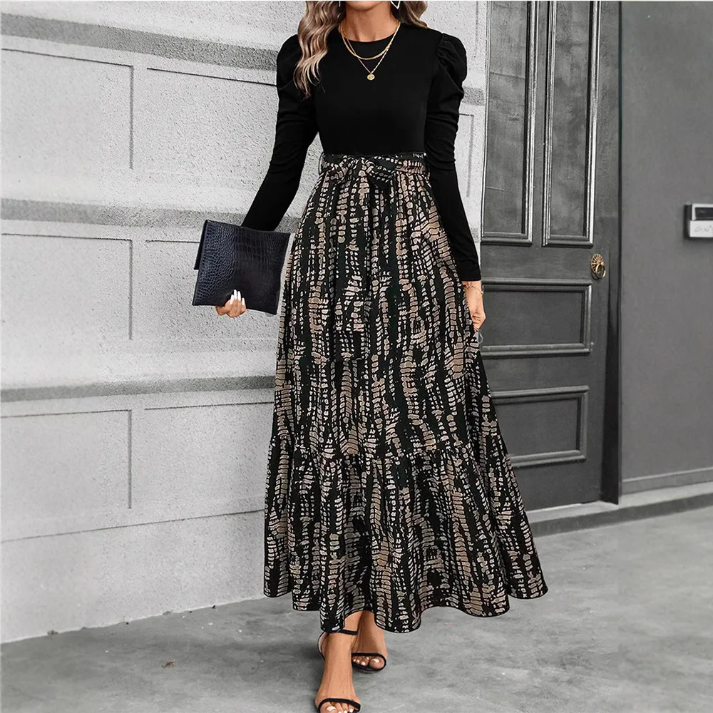 Feminino floral impressão o-pescoço manga longa cintura alta rendas maxi vestido longo outono moda bloco de cores vestidos de festa de férias vestid