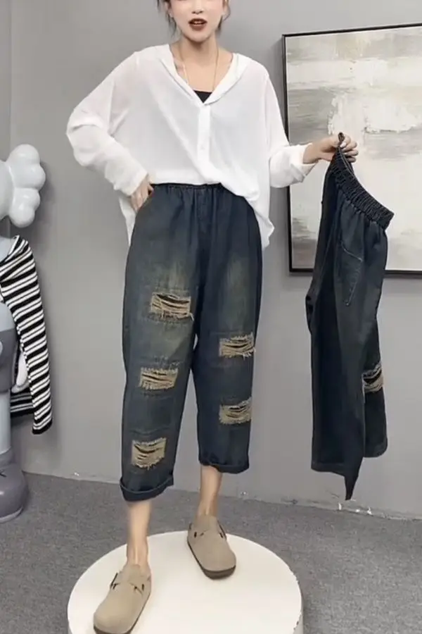 

Летние тонкие и стильные джинсовые брюки через плечо, женские свободные и утягивающие брюки-морковка с высокой талией, семиточечные, с искусственными отверстиями, новые Haren M212