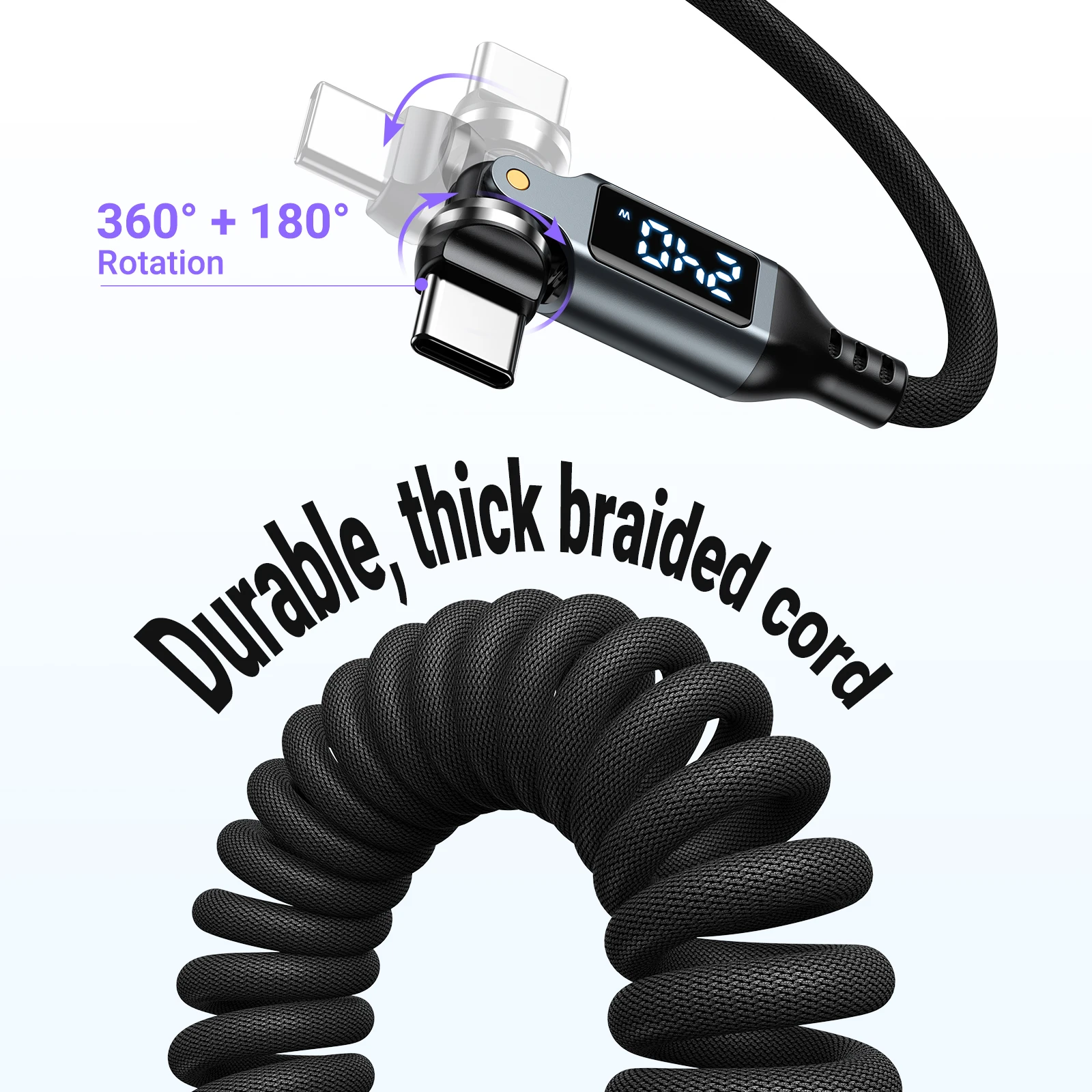 AUFU 540 °   Kabel USB-C do USB-C 240W z wyświetlaczem, szybkie ładowanie, sprężynowy kabel USB-C do USB-C do iPhone 17, Xiaomi, Macbook, iPad — zdjęcie produktu 5