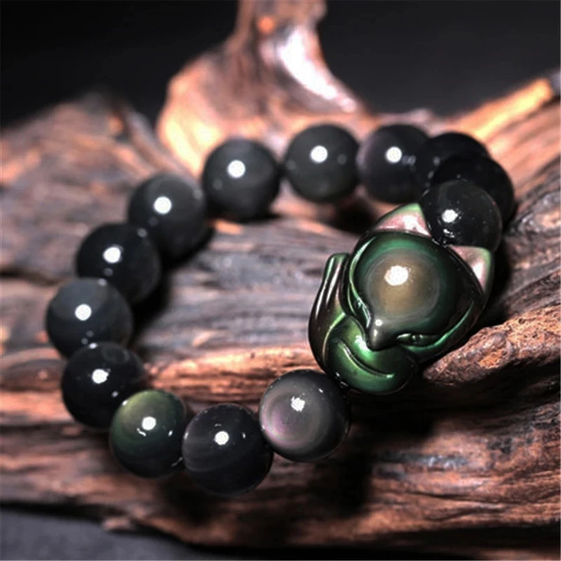 Rainbow Obsidian Big Head Small Fox Fairy Bangle Natural Stone Lucky For Women Men Crystal Bracelet Jewelry