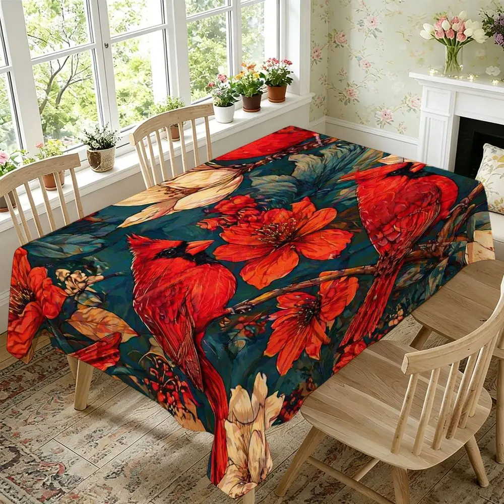 Vibrant Cardinal And Floral Print Tablecloth - Red Northern Cardinals, Orange Hibiscus And White Magnolia on Dark Teal Background, Polyester, Rectangular, Machine Made, Suitable for Dining Room Decor, Indoor Use, Spring And Summer Party Essen