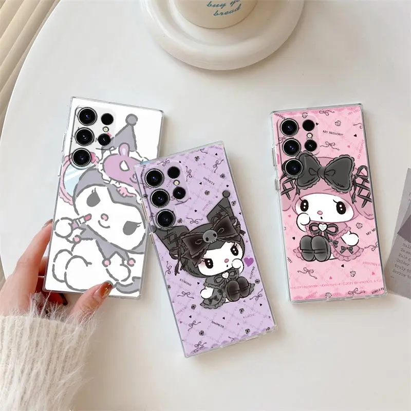 

Cute Cartoon My Melody Kuromi Phone Case For Samsung Galaxy S24FE S25 S23 S21 Ultra S20 S24 FE S22 S25 Plus A35 A55 Clear Cover