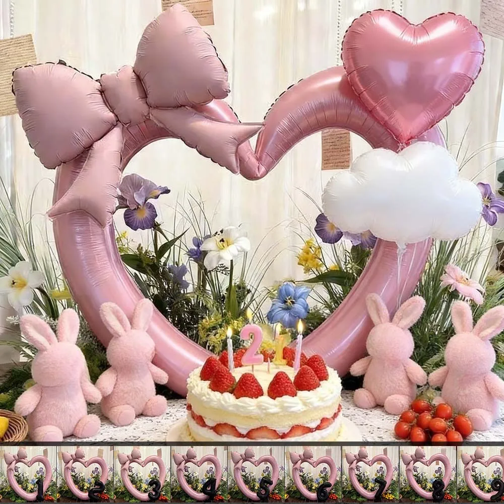 

40 Inch Hollow Heart Frame Foil Balloon with Bowknot Happy Birthday Party Decorations Photo Booth Prop for Kids Celebration 풍선