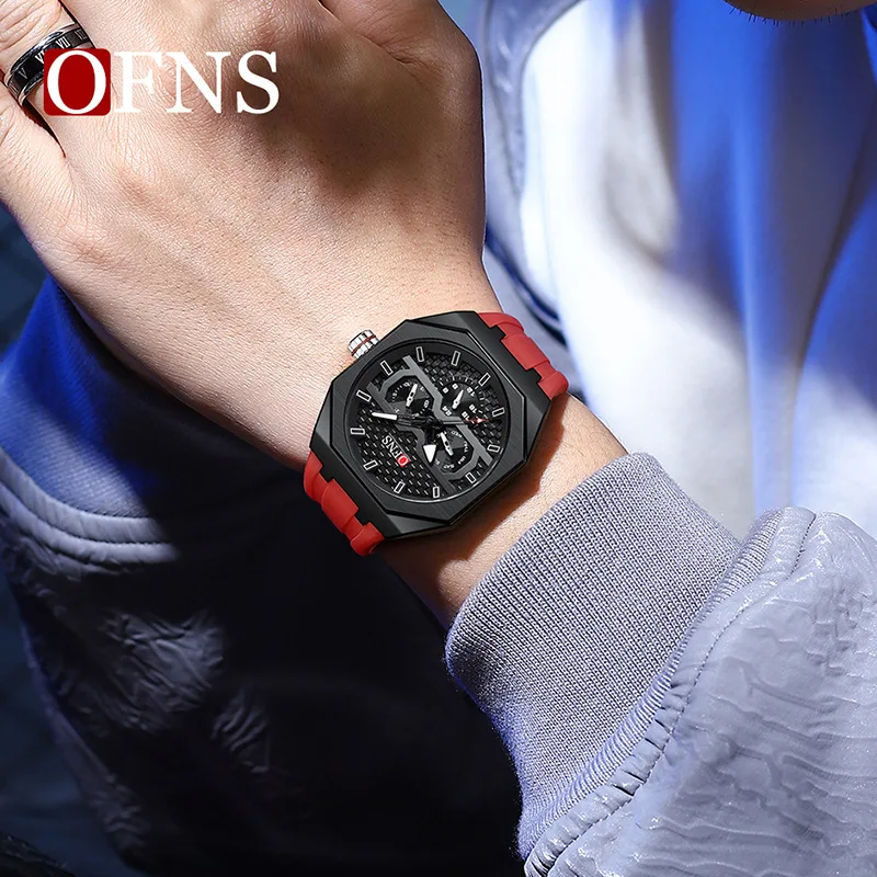 OFNS 8023 موضة العلامة التجارية ساعة كوارتز رجالية بسيطة ثلاثة عين ستة إبرة عصرية مقاوم للماء ساعات عادية للرجل reloj hombre