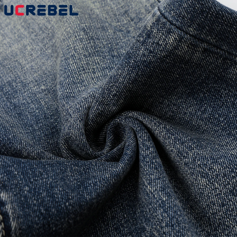 Ripped Hole Distressed Jeans Mens Whiskered Washed  Straight-leg Denim Pants Man