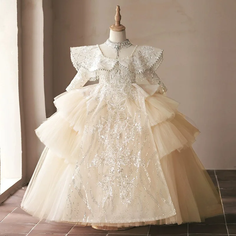 Champagne Ball Gown Flower Girls Dresses Corset Back Girl Dress Long Sleeves Princess First Holy Communion Dress