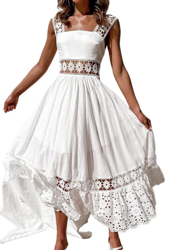 

Sexy Lace Hollow Out Spaghetti Strap Dress Woman Summer Fashion Elegant Solid Square Neck Sleeveless Dresses For Women 2024