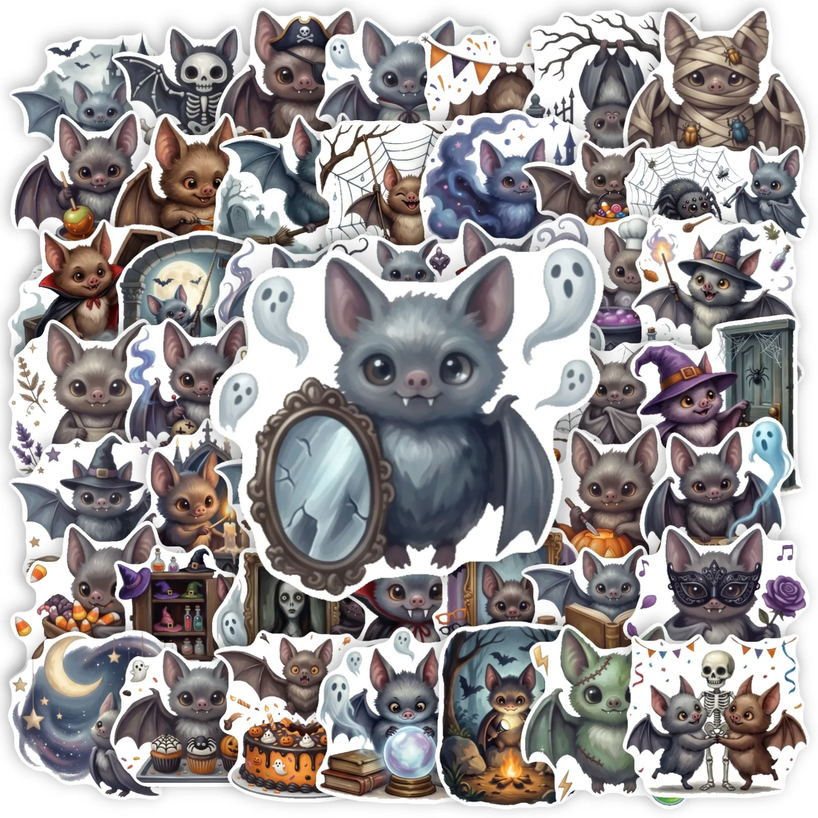 50PCS Cartoon Cute Bat Halloween Stickers Dark Style Pumpkin Castle Holiday Decorate Decals DIY Hand Account Fridge Window Decal