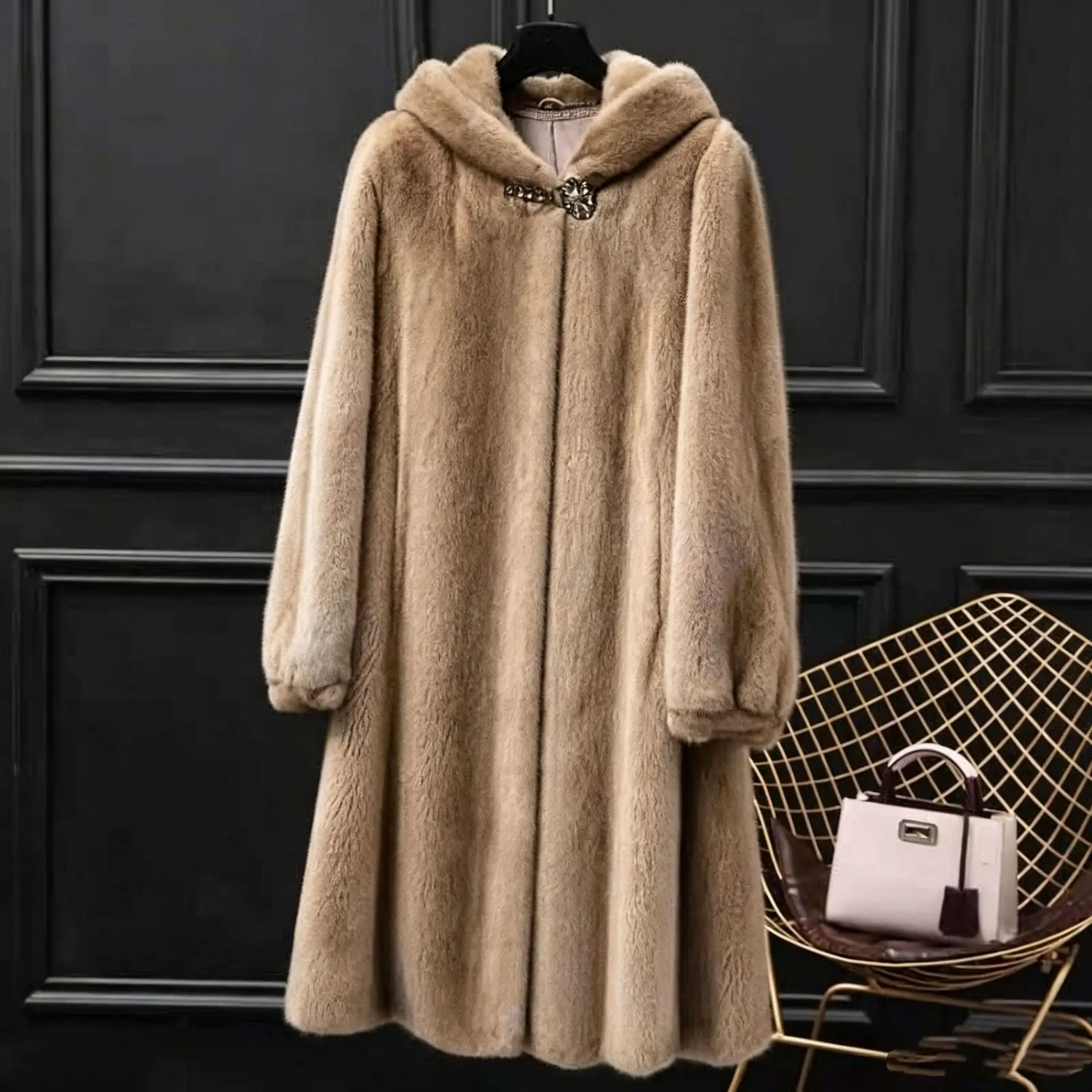 Women Faux Mink Fur Coats Solid Fur Jackets Mid Length Pocket Cotton Linen Hooded Long Sleeves Single Button 2026 Autumn Winter