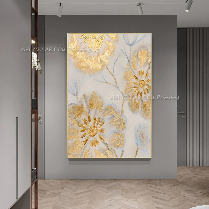 

Handpainted Modern Artist Golden Leaves and Gold Foil Flower Canvas Oil Painting By Skilled Painter Home Decor