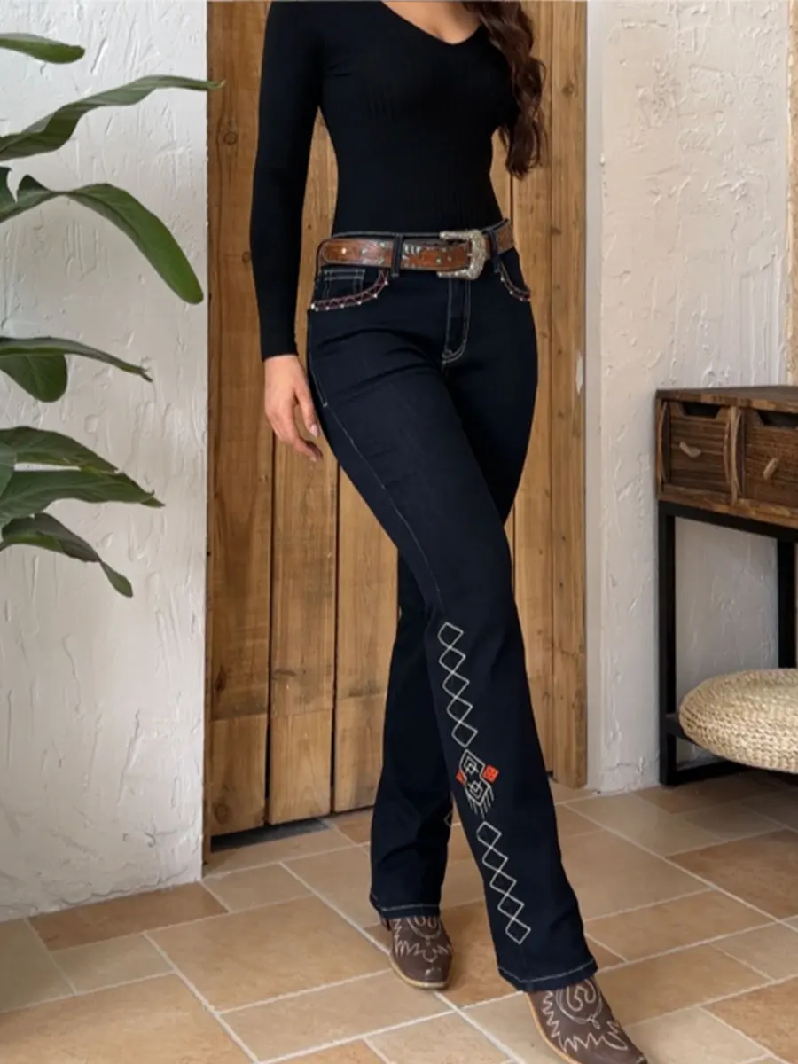

Женские модные эластичные темно-синие расклешенные джинсы узкого кроя в стиле ретро, геометрическая вышивка, всесезонная повседневная одежда, которую можно стирать в машине, o